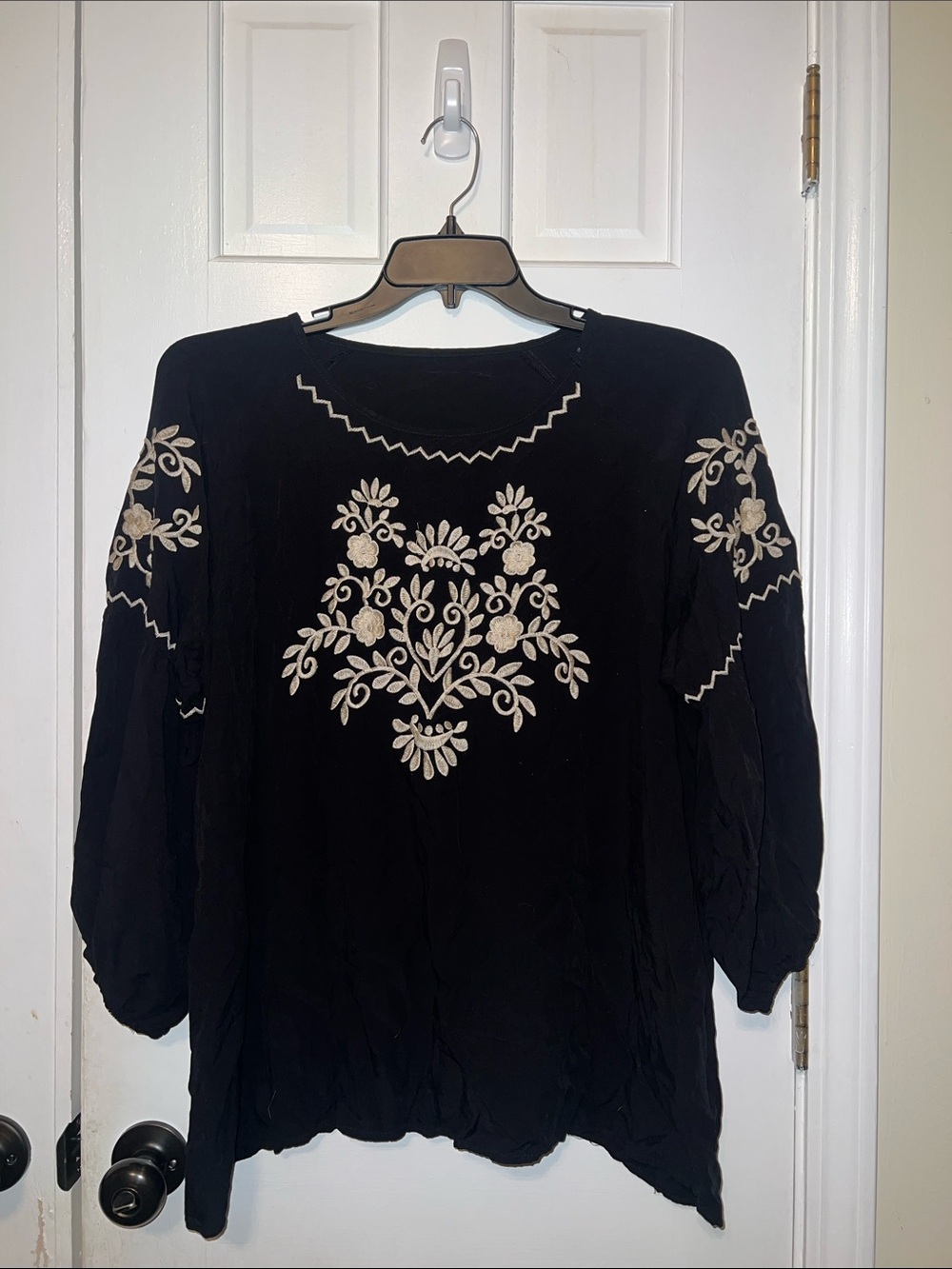 SHEIN Black Peasant Blouse with Cream Floral Embroidery